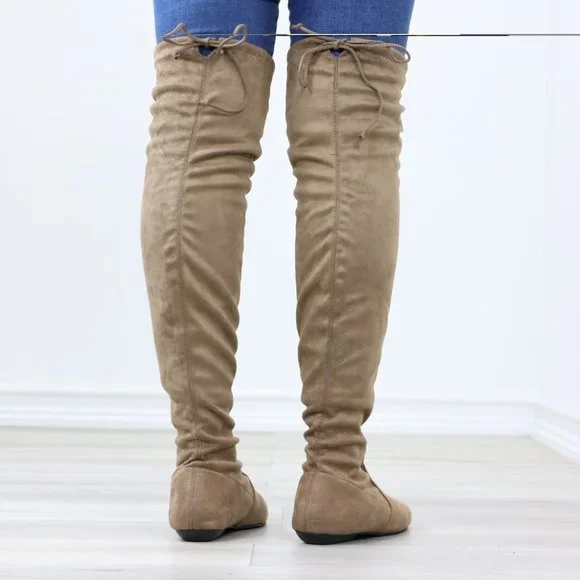 Taupe Thigh High Over The Knee Flat Boots Faux Suede - Picture 8 of 15